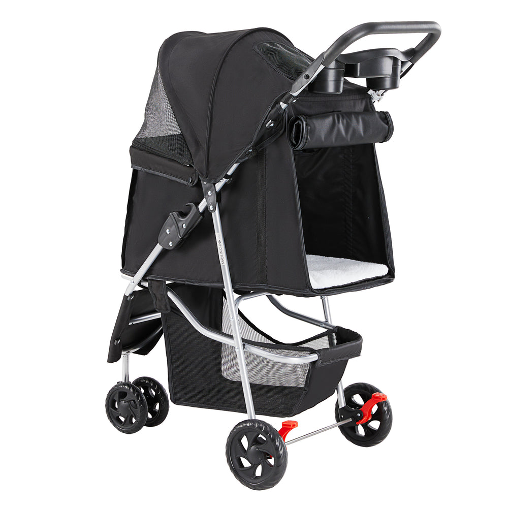 Black lightweight stroller with foldable design and spacious canopy for infants and toddlers.