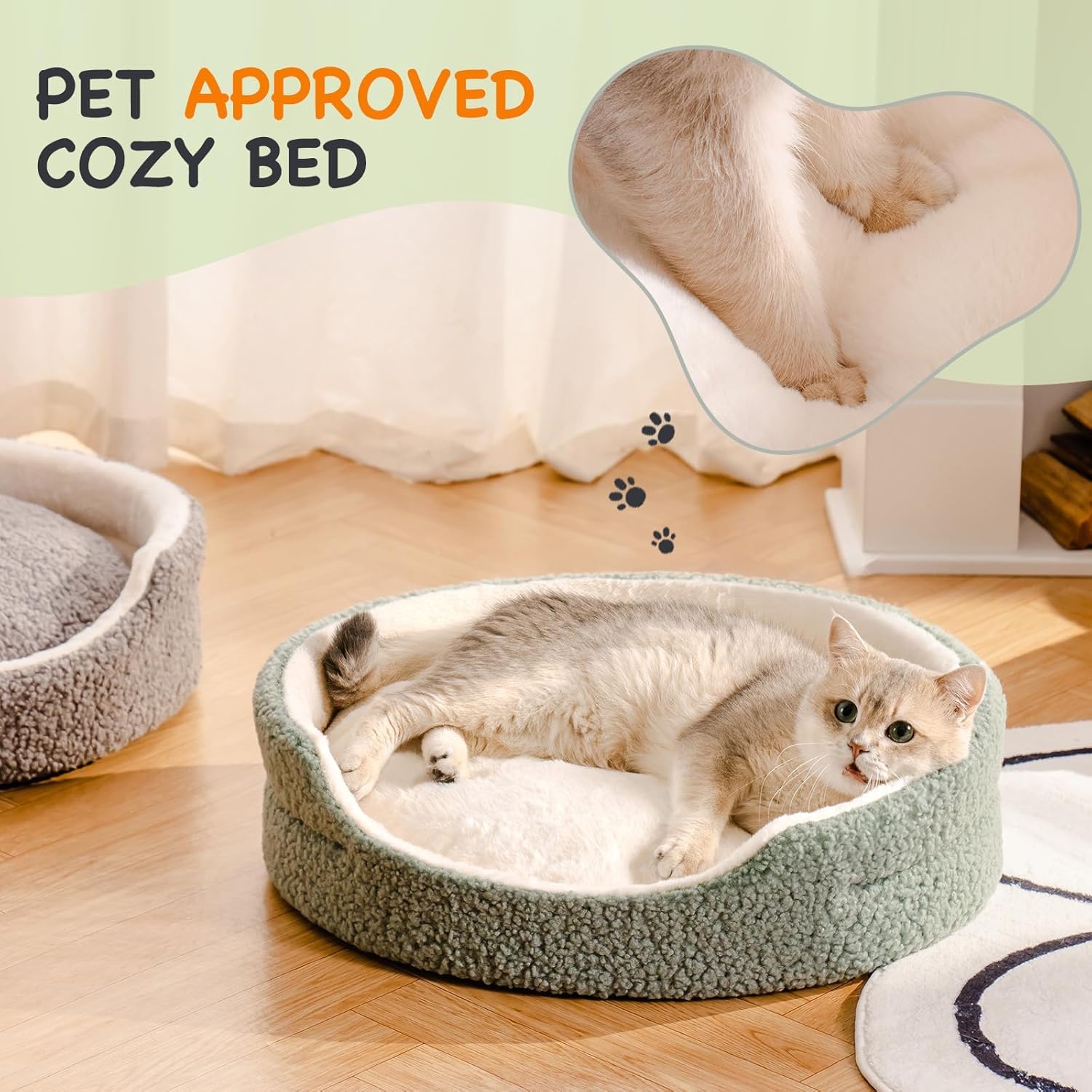 Washable Pet Bed for Cats, Kittens & Small Dogs - 23x23x7 Inch Round Orthopedic Bed with Non-Slip Bottom, Sage Green