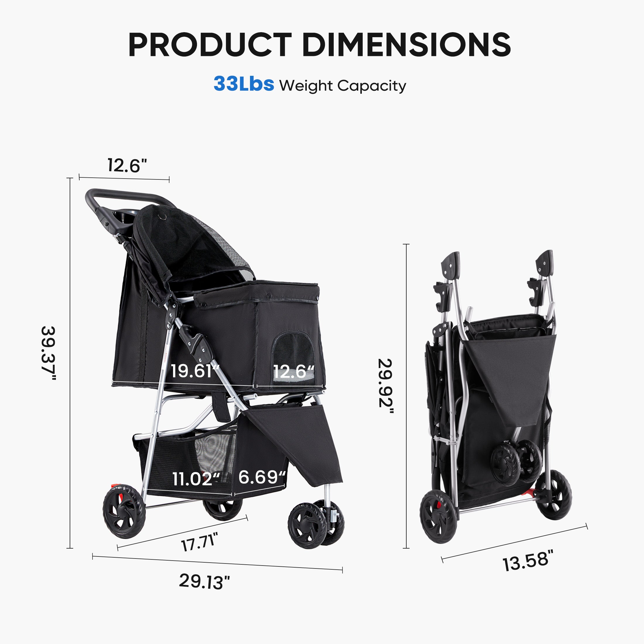 Black stroller with a 33 lbs capacity, featuring mesh backrest and compact foldable design for easy transport.