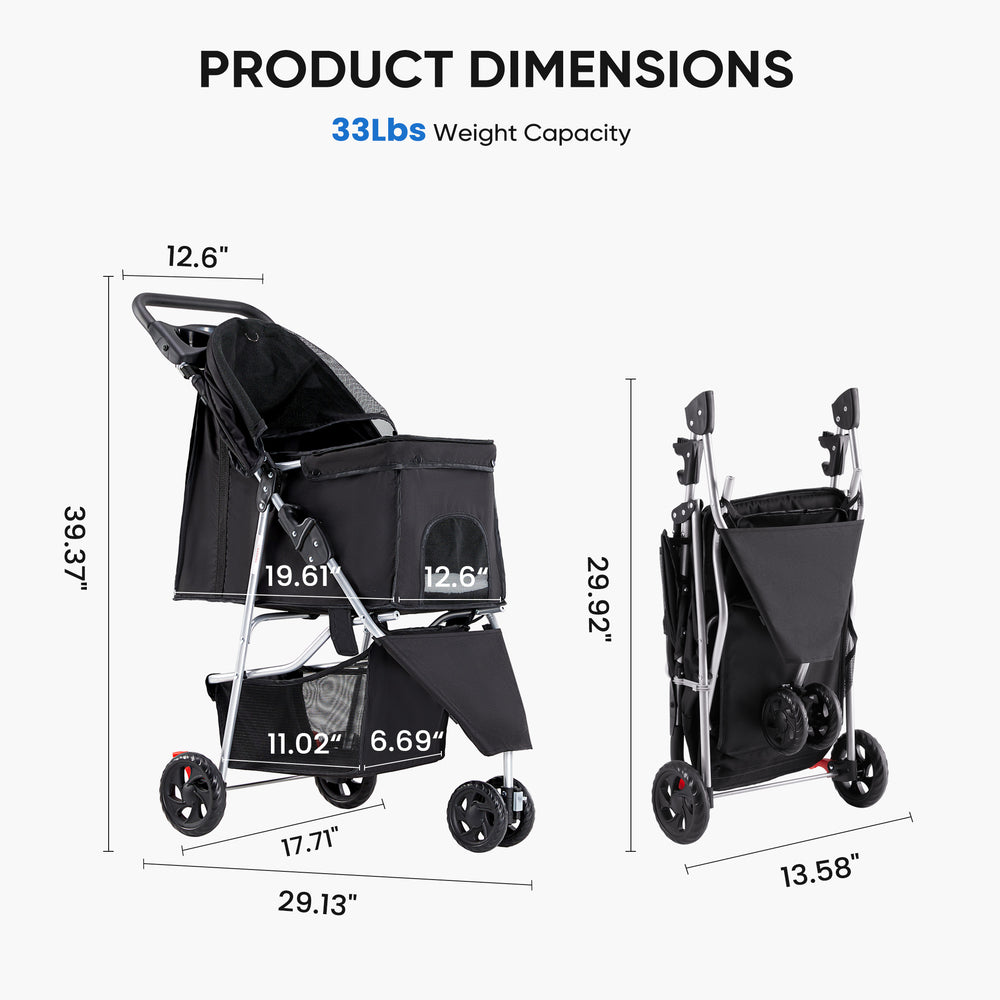 Black stroller with a 33 lbs capacity, featuring mesh backrest and compact foldable design for easy transport.