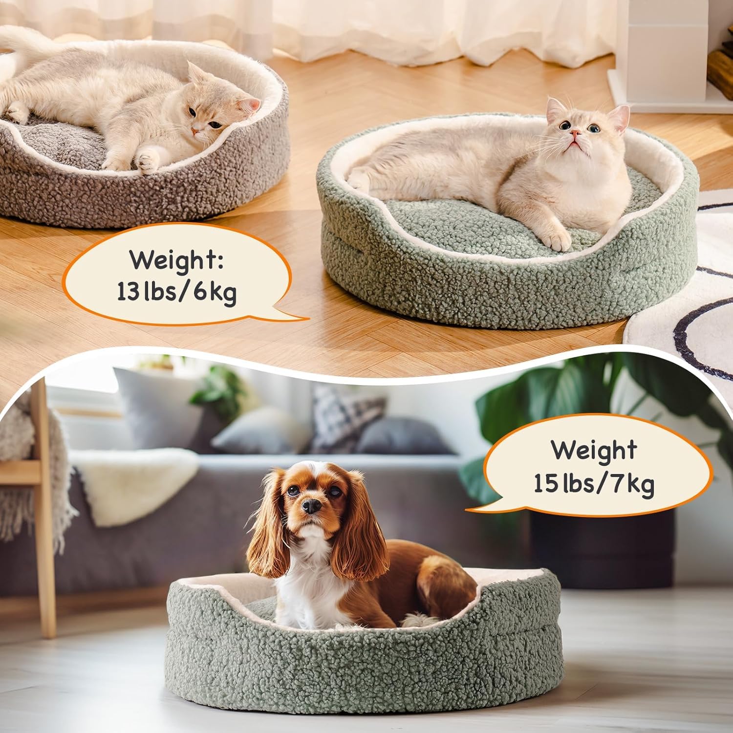 Washable Pet Bed for Cats, Kittens & Small Dogs - 23x23x7 Inch Round Orthopedic Bed with Non-Slip Bottom, Sage Green