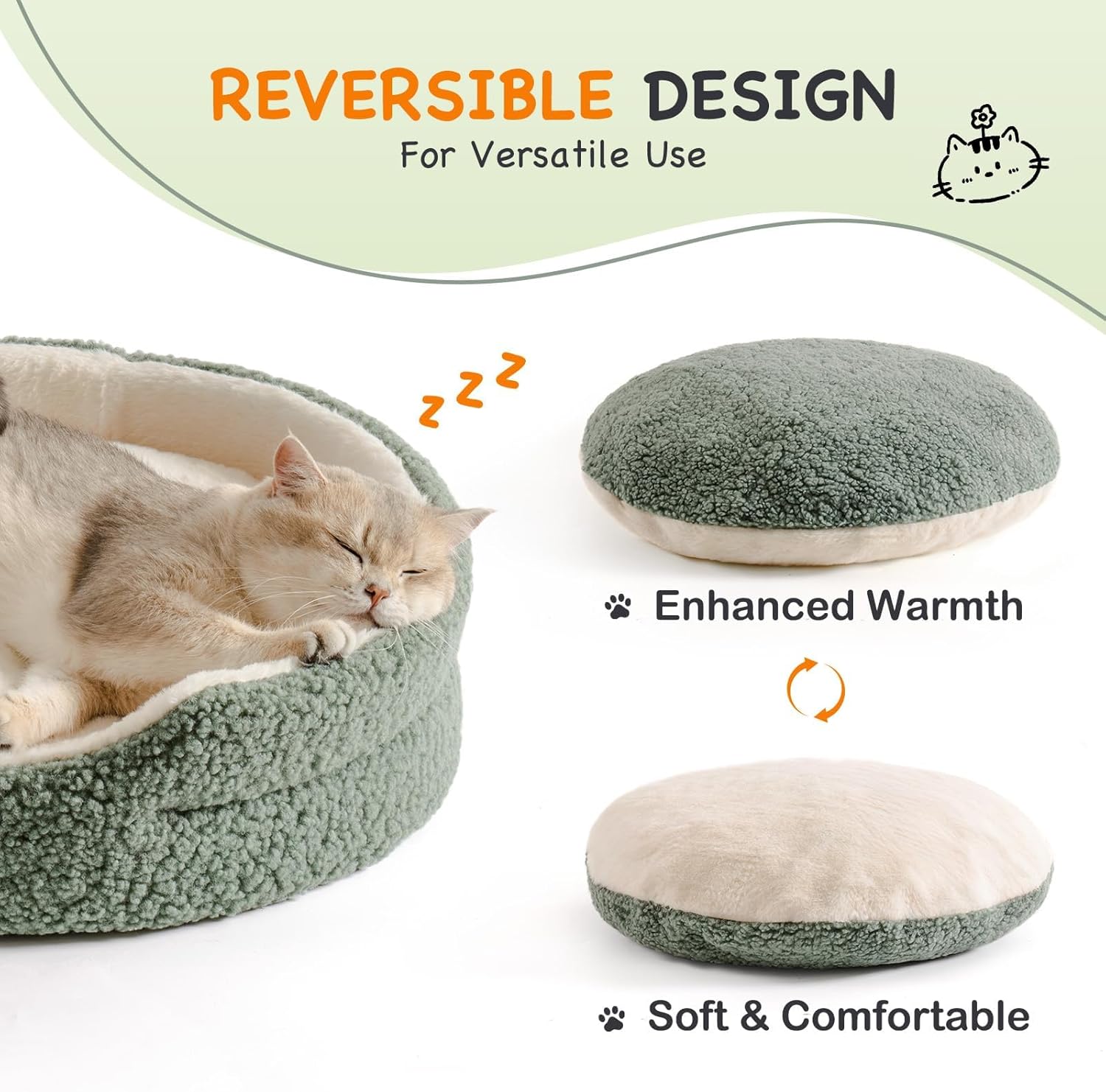 Washable Pet Bed for Cats, Kittens & Small Dogs - 23x23x7 Inch Round Orthopedic Bed with Non-Slip Bottom, Sage Green
