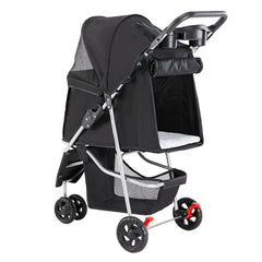 Black lightweight stroller with foldable design and spacious canopy for infants and toddlers.